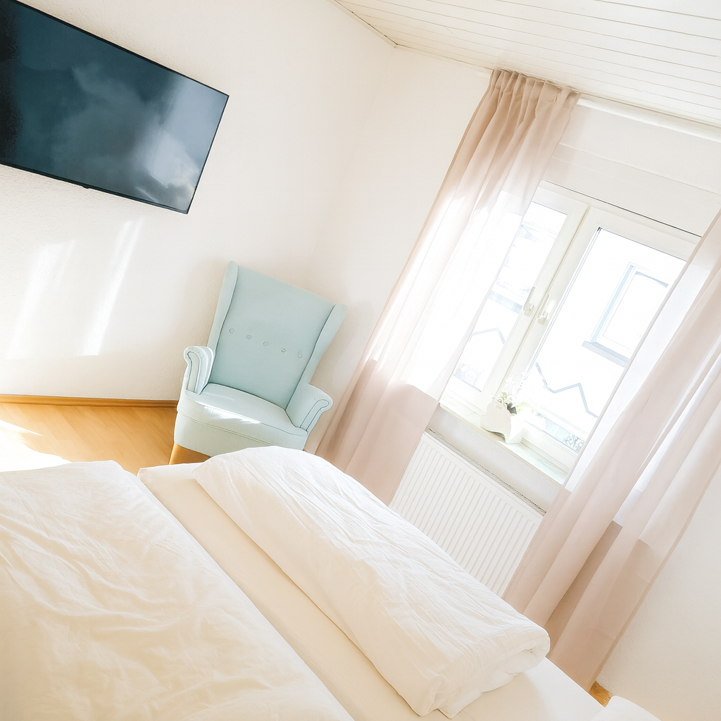 Kleines Schlafzimmer Ferienhaus Frisch bezogene Betten mit Sessel und Smart TV im Schlafzimmer Ferienhaus